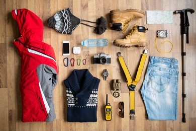 table top view of hiking equipment - hike concept
