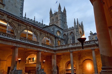 the roman baths at dusk.  located in bath, england.