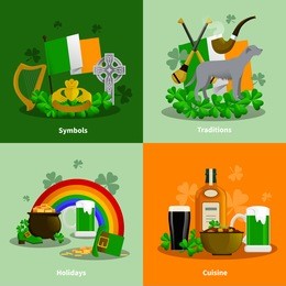 ireland 2x2 flat design concept set of cuisine traditions simbols holidays decorative compositions  vector illustration  