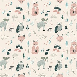 seamless pattern of woodland animals, trees, mountains  