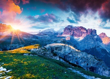 colorful summer sunrise on gruppo del cimonega mountain range in national park tre cime di lavaredo. dolomite, south tyrol. location auronzo, italy, europe.