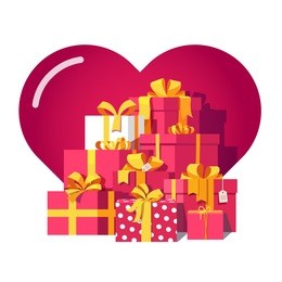 saint valentines day red gift boxes with yellow ribbon bows with big here in background. pile of bright presents. flat isometric illustration on white.