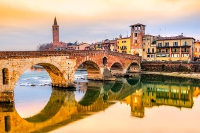 verona, italy. scenery with adige river and ponte di pietra.