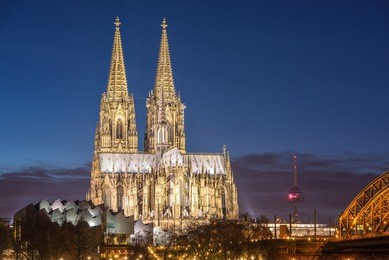 bridge and the dom of cologne at night. cologne, germany