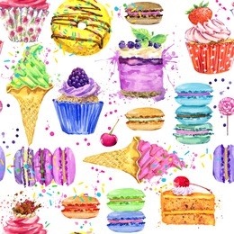 yummy sweet food seamless pattern. watercolor illustration lollipops, cake, macaroons, jelly, mousse, candies, berry, ice cream and donut. 