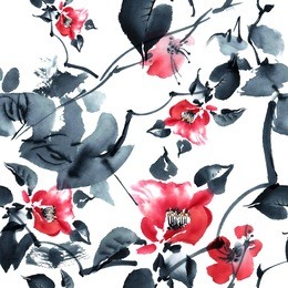 watercolor and ink illustration of blossom tree. sumi-e, u-sin painting. 