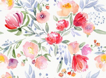 watercolor floral botanical pattern and seamless background. ideal for printing onto fabric and paper or scrap booking. hand painted. raster illustration.