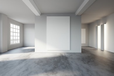 white poster on wall, in loft style open space. 3d rendering