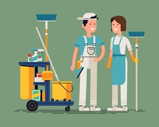 cool vector cleaning staff characters with cleaning equipment in trendy flat design. friendly smiling adult janitor workers standing