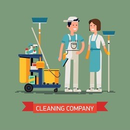 cleaning company vector concept design. cleaning staff characters with cleaning equipment in trendy flat design. friendly smiling adult janitor workers standing