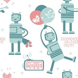 seamless pattern with cute love robot in gentle colors