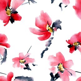 watercolor and ink illustration of blossom tree. sumi-e, u-sin painting. 