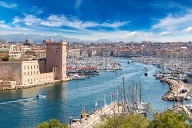 saint jean castle and cathedral de la major and the vieux port in marseille, france