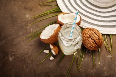 fresh organic coconut water in a glass. food background, selective focus