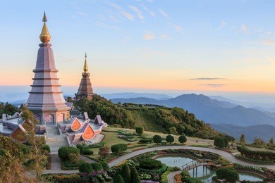 beautiful sunset at two pagoda, doi inthanon national park, chiang mai, thailand.