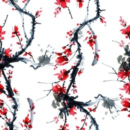 watercolor and ink illustration of blossom tree. sumi-e, u-sin painting.  seamless pattern.