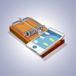 mouse trap with mobile phone. social media and 
internet addiction concept - vector illustration
