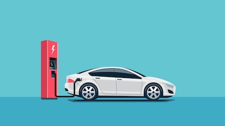 flat vector illustration of a red electric car charging at the charger station. electromobility e-motion concept. 
