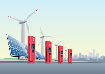 vector illustration of a red electric charging stations in front of the windmills and solar panels. the city is in the background. electromobility e-motion concept. 