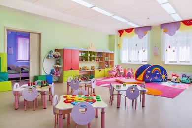 kindergarten room with toys.