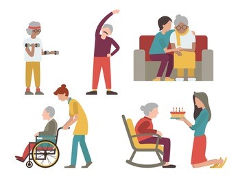 flat character design of elderly man and woman with health care from volunteer and young people. 