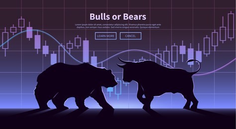 stock exchange trading banner. the bulls and bears struggle. equity market concept illustration. modern flat design.