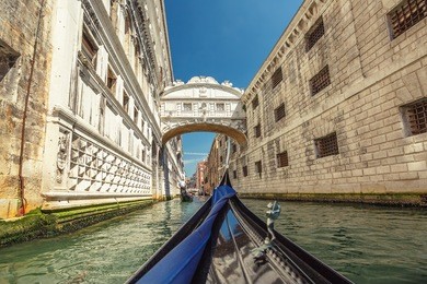 venice, italy. view from gondola during the ride under of famous bridge of sighs 