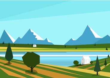 nature landscape, lake view with mountains. vector illustrator.