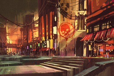 sci-fi scene of shopping street,futuristic cityscape,illustration