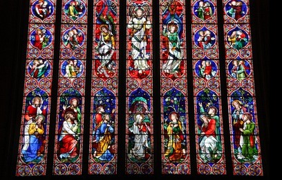 stained glass in melbourne - st. patrick's cathedral. jesus, apostles and saints.