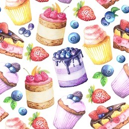 seamless pattern with watercolor hand painted sweet and tasty cakes with strawberry, blueberry and other berries.  hand painted fruit dessert background perfect for fabric textile or menu wallpaper