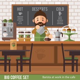 barista creates a coffee drink in a cafe interior. stylish cafe interior, and  character in  flat style.