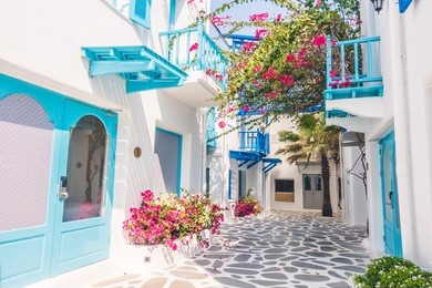 beautiful architecture building exterior with santorini and greece style - vintage light filter