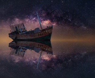 the wrecked ship under starry night with clearly  milky way