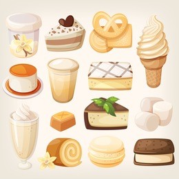 set of delicious sweets and desserts with vanilla flavor for valentine day