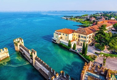 view of the italian town of sirmione and lake garda from the tower scaliger