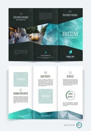 abstract three fold brochure template, flyer design layout with eco green and blue polygonal background. vector illustration.