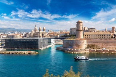saint jean castle and cathedral de la major and the vieux port in marseille, france