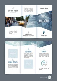 abstract three fold brochure template, flyer design layout with grey blue polygonal background. vector illustration.