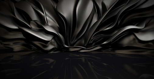 beautiful stylish black background with developing, flying cloth in a room with a reflection on the floor