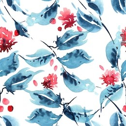 watercolor painted leaves and flowers. seamless pattern fill.