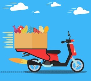 concept of the fast grocery delivery service on scooter or motorbike. flat vector illustration.