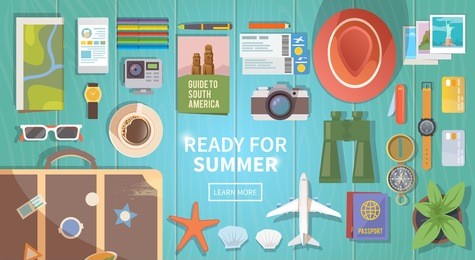 flat vector web banner on the theme of travel , vacation, adventure. preparing for your journey. outfit of modern traveler. objects on wooden background. top view. ready for summer.