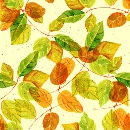 a seamless background pattern with watercolor green and golden yellow leaves, toned