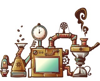 steampunk illustration of an elaborately designed coffee maker