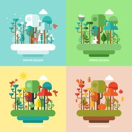 four seasons concept with nature forest, trees and animals. vector illustration