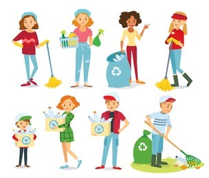 vector set of people cleaning, gathering plastic for recycling