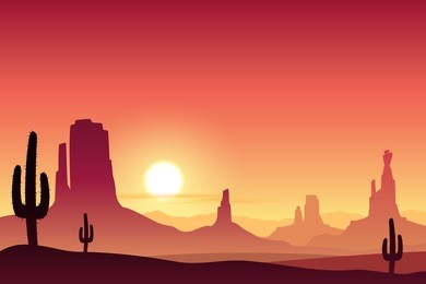 a desert landscape with mountains and sunset, sunrise.