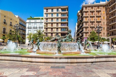 square of saint mary's and fountain rio turia  in valencia in a summer day, spain