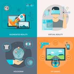 flat 2x2 images set of augmented and virtual reality hologram and vr gaming vector illustration